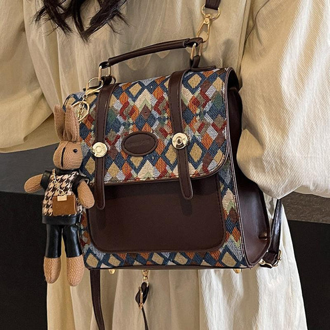 Blue Vintage Geometric Print Convertible Mini Backpack - 3-Way Satchel with Cute Bunny Charm.