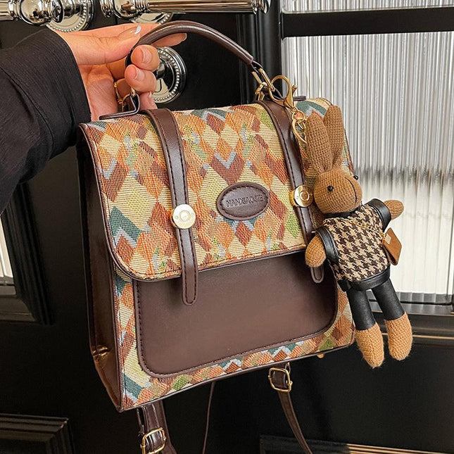 Khaki Vintage Geometric Print Convertible Mini Backpack - 3-Way Satchel with Cute Bunny Charm.