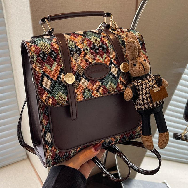 Green Vintage Geometric Print Convertible Mini Backpack - 3-Way Satchel with Cute Bunny Charm.