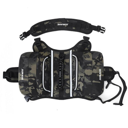 Camuflaje Saddle Bag Dog Backpack - Adjustable Harness Pack for Hiking, Camping & Travel with Medium to Large Dogs.