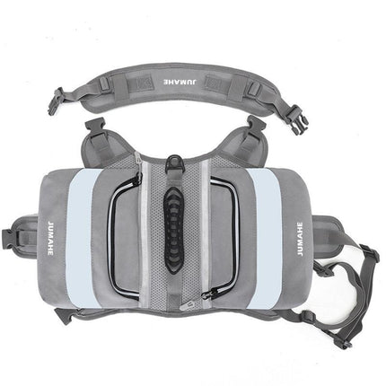 Grey Saddle Bag Dog Backpack - Adjustable Harness Pack for Hiking, Camping & Travel with Medium to Large Dogs.