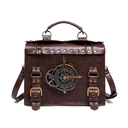 Retro Steampunk Satchel Bag with Decorative Clock & Gears - Gothic Crossbody Purse.