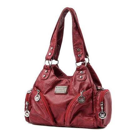 Wine Red Vintage Soft Leather Hobo Bag for Women - Multi-Pocket Shoulder Purse & Crossbody Handbag.