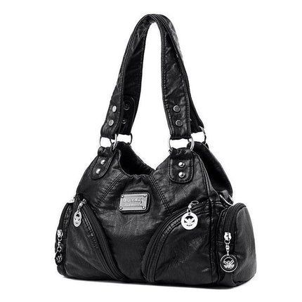 Black Vintage Soft Leather Hobo Bag for Women - Multi-Pocket Shoulder Purse & Crossbody Handbag.