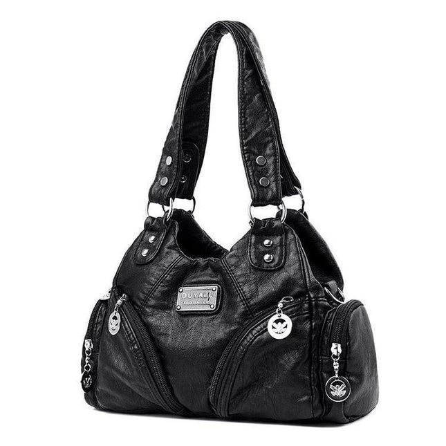 Black Vintage Soft Leather Hobo Bag for Women - Multi-Pocket Shoulder Purse & Crossbody Handbag.
