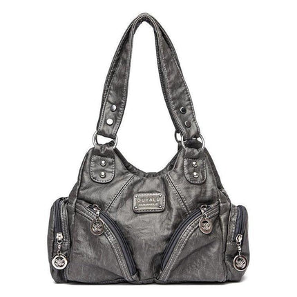 Grey Vintage Soft Leather Hobo Bag for Women - Multi-Pocket Shoulder Purse & Crossbody Handbag.