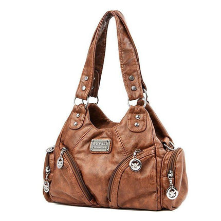 Brown Vintage Soft Leather Hobo Bag for Women - Multi-Pocket Shoulder Purse & Crossbody Handbag.