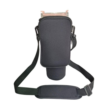 Black Crossbody Tumbler Carrier with Detachable Wallet Pouch and Adjustable Strap.