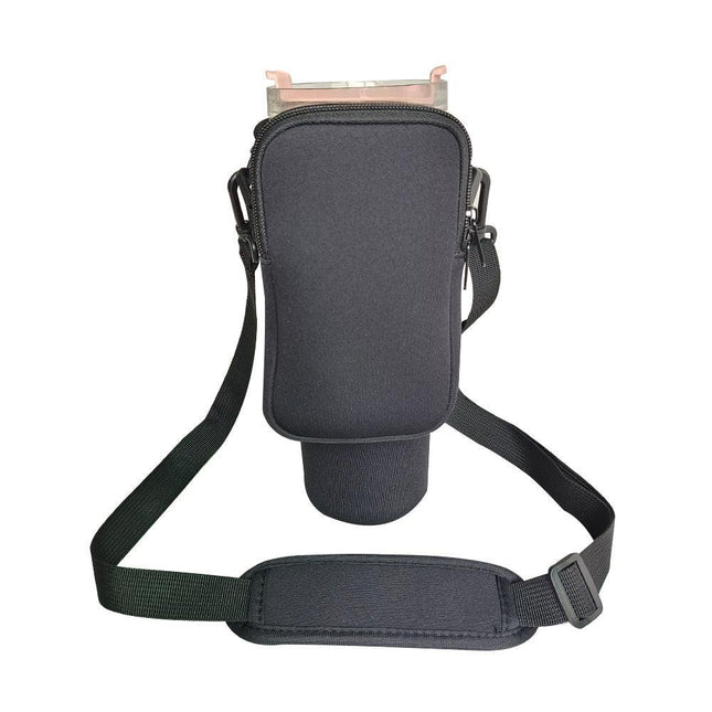 Black Crossbody Tumbler Carrier with Detachable Wallet Pouch and Adjustable Strap.
