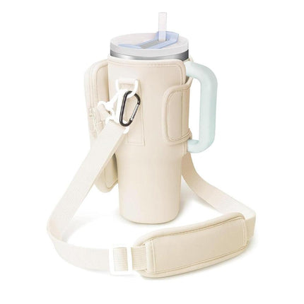 Beige Crossbody Tumbler Carrier with Detachable Wallet Pouch and Adjustable Strap.