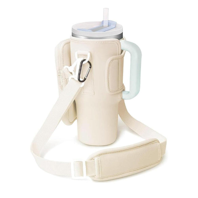 Beige Crossbody Tumbler Carrier with Detachable Wallet Pouch and Adjustable Strap.
