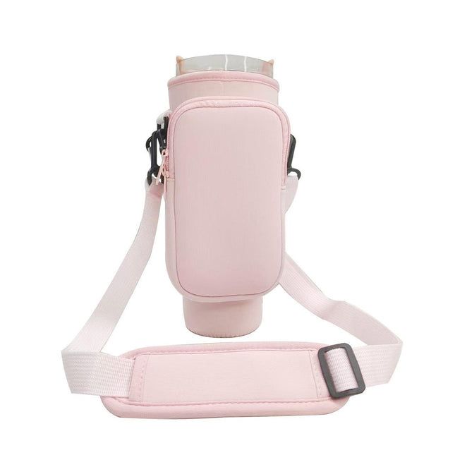 Light-pink Crossbody Tumbler Carrier with Detachable Wallet Pouch and Adjustable Strap.
