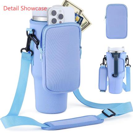 Light-pink Crossbody Tumbler Carrier with Detachable Wallet Pouch and Adjustable Strap.