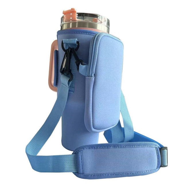 Blue Crossbody Tumbler Carrier with Detachable Wallet Pouch and Adjustable Strap.