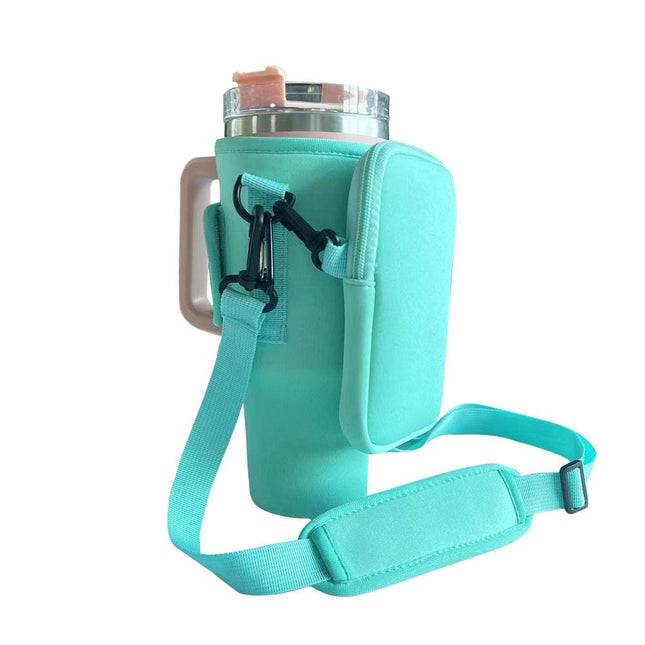 Green Crossbody Tumbler Carrier with Detachable Wallet Pouch and Adjustable Strap.