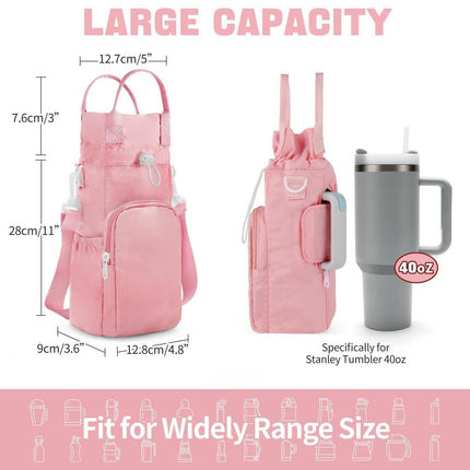 Purple Protective Crossbody Water Bottle Holder with Pockets, Fits 40oz Stanley Tumbler.