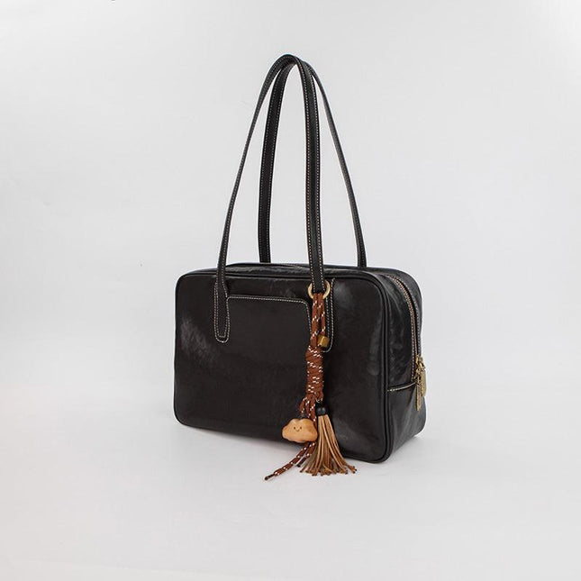 Large Size Black Vintage Genuine Split Leather Bowling Bag for Women - Retro Top Handle Satchel & Crossbody Purse.