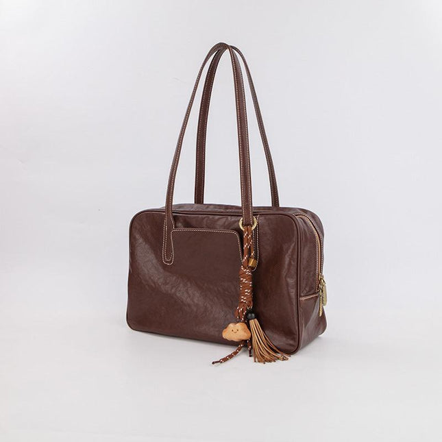 Large Size Coffee Brown Vintage Genuine Split Leather Bowling Bag for Women - Retro Top Handle Satchel & Crossbody Purse.