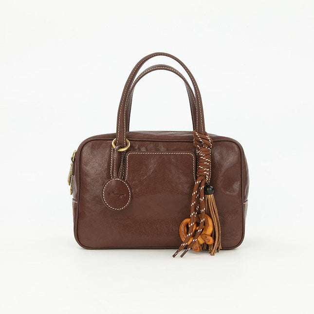Small Size Coffee Brown Vintage Genuine Split Leather Bowling Bag for Women - Retro Top Handle Satchel & Crossbody Purse.