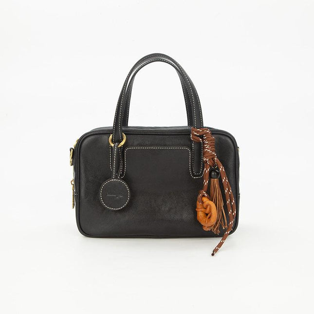 Small Size Black Vintage Genuine Split Leather Bowling Bag for Women - Retro Top Handle Satchel & Crossbody Purse.