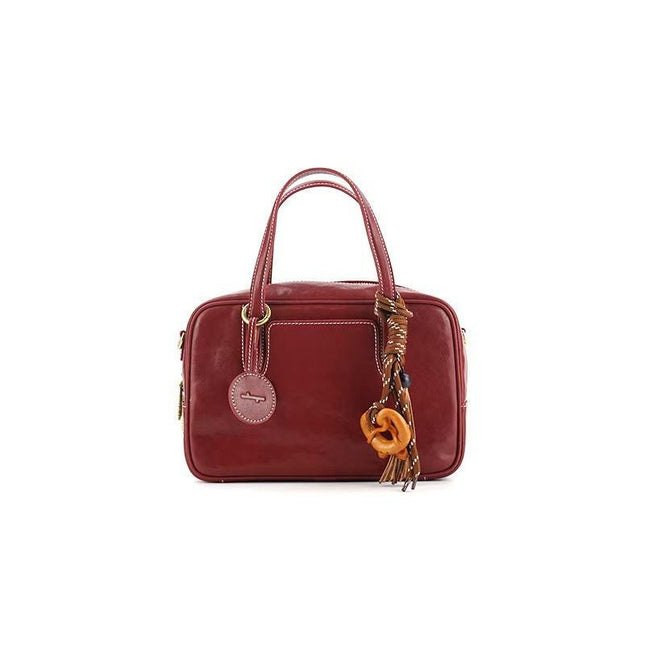 Small Size Red Vintage Genuine Split Leather Bowling Bag for Women - Retro Top Handle Satchel & Crossbody Purse.
