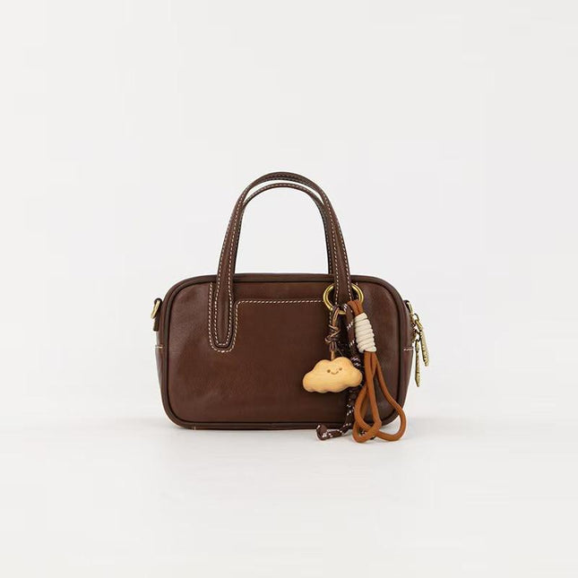 Mini Size Coffee Brown Vintage Genuine Split Leather Bowling Bag for Women - Retro Top Handle Satchel & Crossbody Purse.