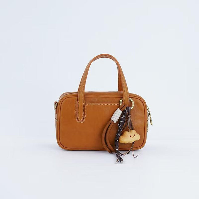 Mini Size Brown Vintage Genuine Split Leather Bowling Bag for Women - Retro Top Handle Satchel & Crossbody Purse.
