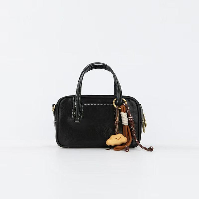 Mini Size Black Vintage Genuine Split Leather Bowling Bag for Women - Retro Top Handle Satchel & Crossbody Purse.
