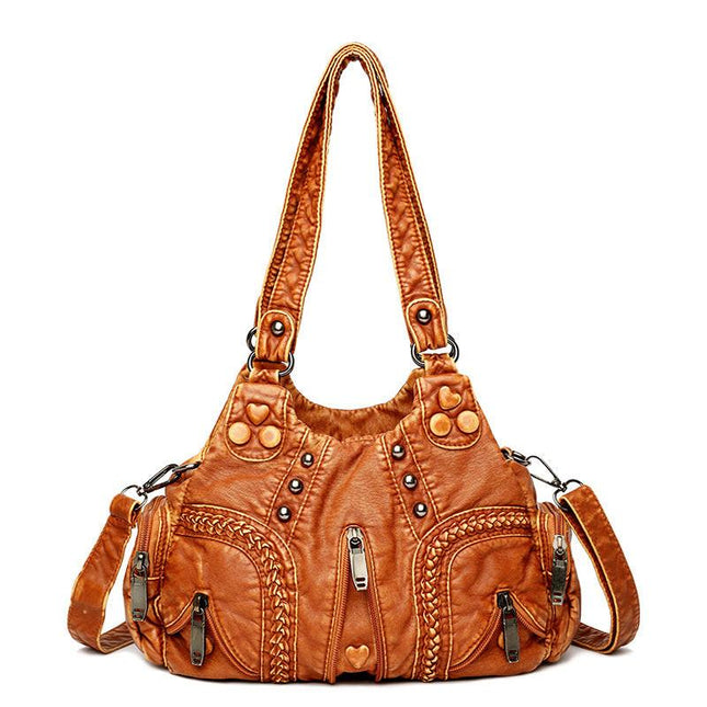 Yellow Women's Vintage Studded Hobo Bag - Soft Washed Leather Multi-Pocket Shoulder & Crossbody Purse.