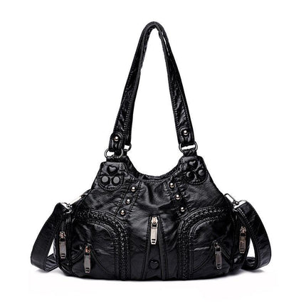 Black Women's Vintage Studded Hobo Bag - Soft Washed Leather Multi-Pocket Shoulder & Crossbody Purse.