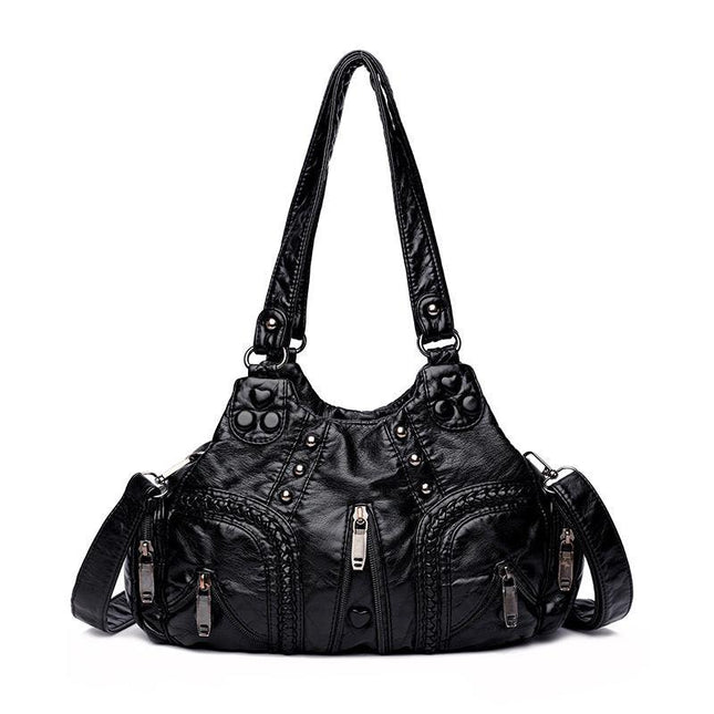 Black Women's Vintage Studded Hobo Bag - Soft Washed Leather Multi-Pocket Shoulder & Crossbody Purse.