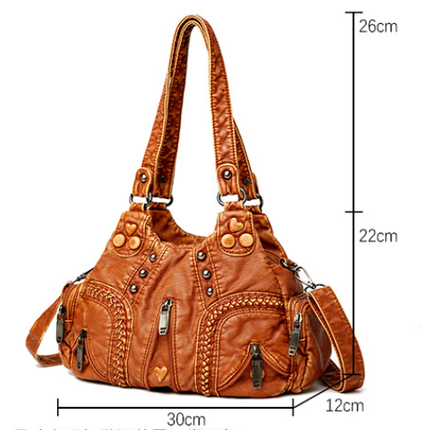 Black Women's Vintage Studded Hobo Bag - Soft Washed Leather Multi-Pocket Shoulder & Crossbody Purse.