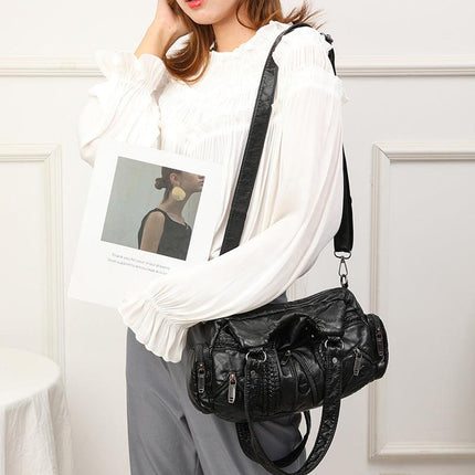 Black Women's Vintage Studded Hobo Bag - Soft Washed Leather Multi-Pocket Shoulder & Crossbody Purse.