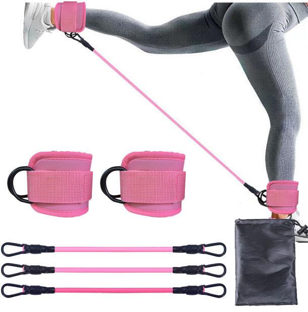 Pink Silver Snap Resistance Bands Set with Ankle Straps for Glute Kickbacks & Leg Workouts (10-30lbs).