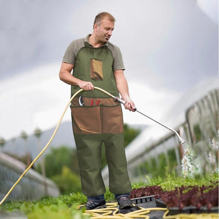 Brown Pocket Heavy-Duty Gardening Apron with Adjustable Straps and Multi-Pocket Design.