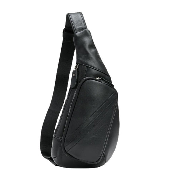 Black Men's Leather Sling Backpack - Casual Crossbody Chest Bag.