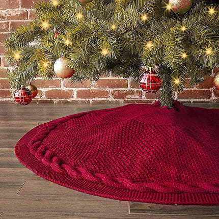 Festive Knit Christmas Tree Skirt - Acrylic Red Tree Mat with Pom-Poms 122cm.