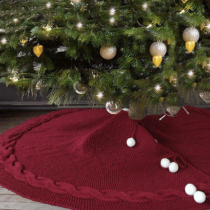Festive Knit Christmas Tree Skirt - Acrylic Red Tree Mat with Pom-Poms 122cm.