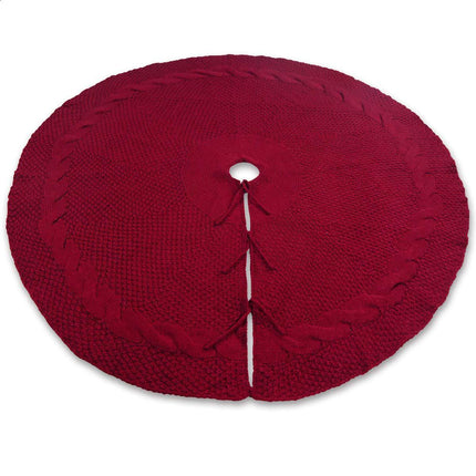 Festive Knit Christmas Tree Skirt - Acrylic Red Tree Mat with Pom-Poms 122cm.