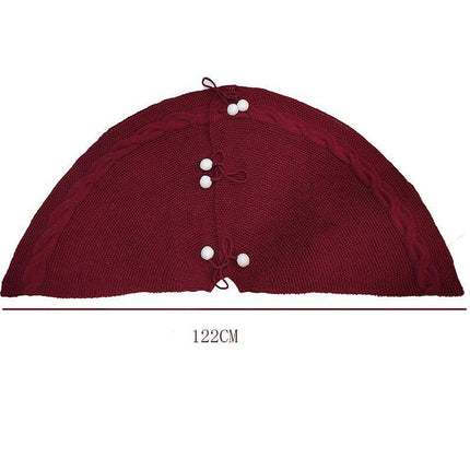 Festive Knit Christmas Tree Skirt - Acrylic Red Tree Mat with Pom-Poms 122cm.