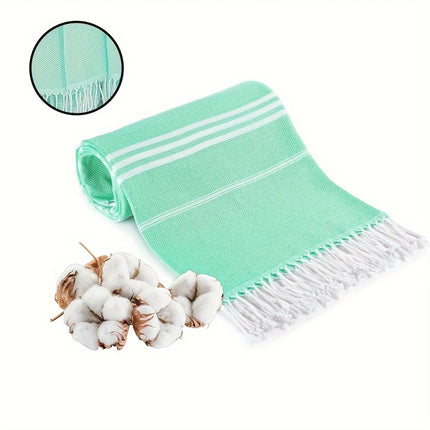 Green Chic Striped 100% Cotton Beach Towel with Tassels - Extra Large & Absorbent (180x90cm).