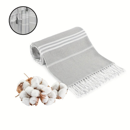 Grey Chic Striped 100% Cotton Beach Towel with Tassels - Extra Large & Absorbent (180x90cm).