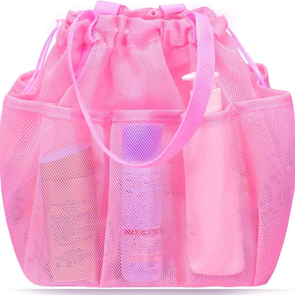 Pink Large Multi-Pocket Mesh Beach Tote Bag - Quick-Dry Travel & Gym Organizer with Drawstring Closure.
