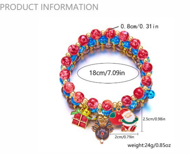 (12-Pack) Festive Christmas Beaded Charm Bracelet Set- Santa, Snowman & Reindeer Jewelry.