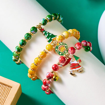 (12-Pack) Festive Christmas Beaded Charm Bracelet Set- Santa, Snowman & Reindeer Jewelry.