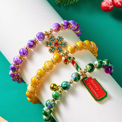 (12-Pack) Festive Christmas Beaded Charm Bracelet Set- Santa, Snowman & Reindeer Jewelry.