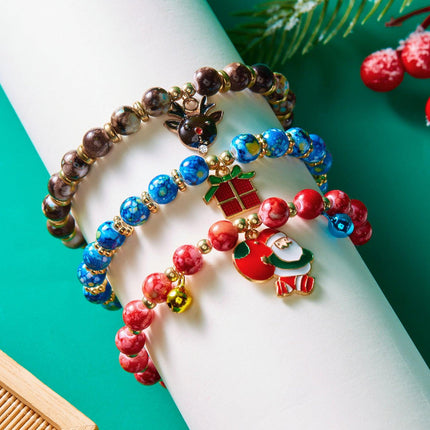 (12-Pack) Festive Christmas Beaded Charm Bracelet Set- Santa, Snowman & Reindeer Jewelry.
