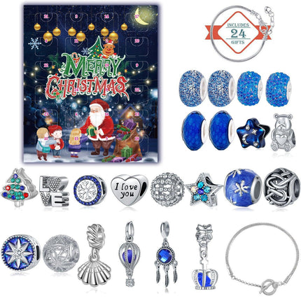 Christmas Advent Calendar DIY Charm Bracelet Kit - 24 Days of Surprise Jewelry (Blue Starry Night Theme).