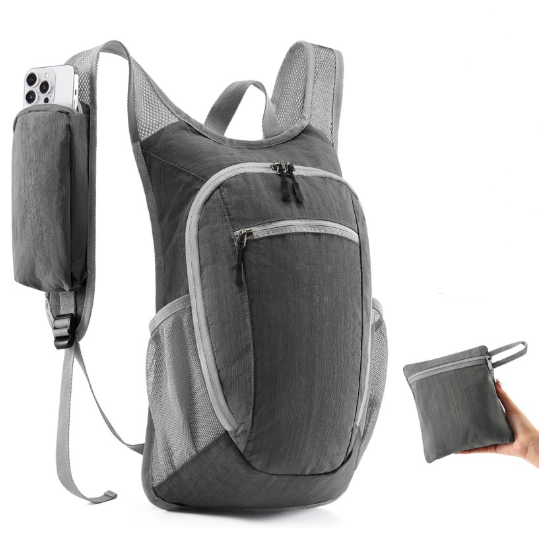 Grey Ultra-Lightweight Packable Backpack (10L) - Foldable Daypack for Travel, Hiking & Sports.