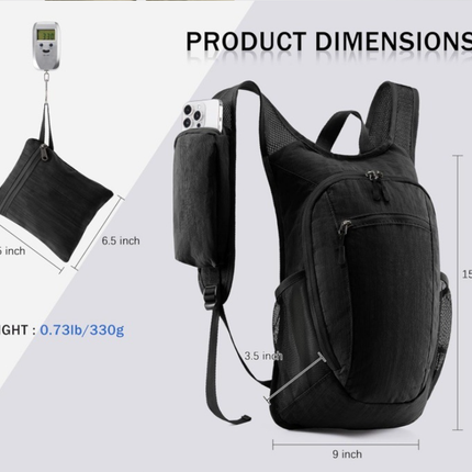 Grey Ultra-Lightweight Packable Backpack (10L) - Foldable Daypack for Travel, Hiking & Sports.